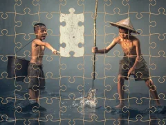 Игра Children Fishing Teamwork Jigsaw онлайн